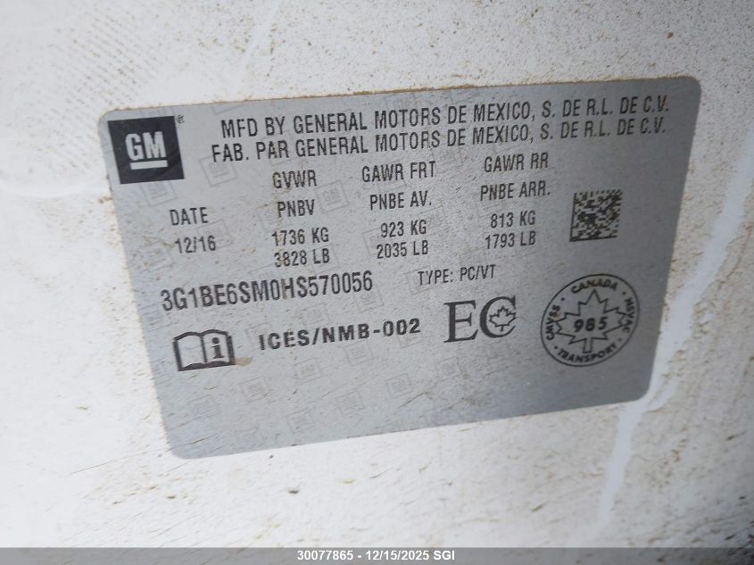 2017 Chevrolet Cruze Lt VIN: 3G1BE6SM0HS570056 Lot: 30077865