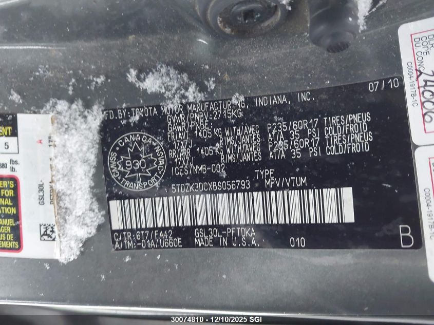 2011 Toyota Sienna VIN: 5TDZK3DCXBS056793 Lot: 30074810