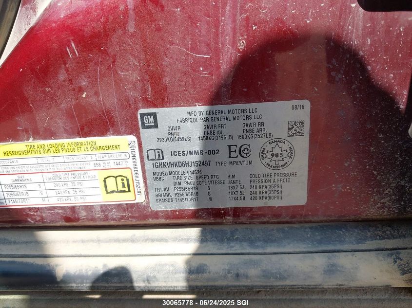 2017 Chevrolet Traverse Lt VIN: 1GNKVHKD6HJ152497 Lot: 30065778
