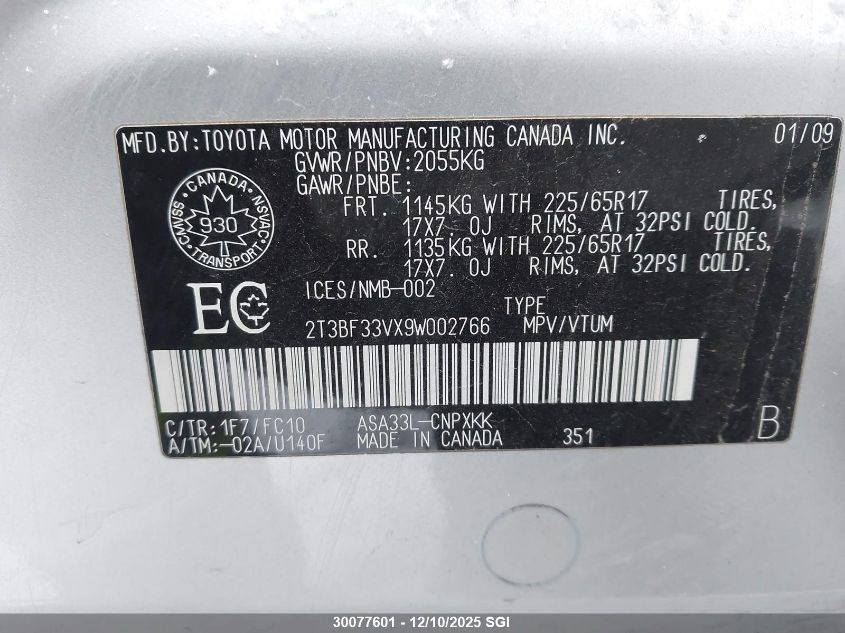 2009 Toyota Rav4 VIN: 2T3BF33VX9W002766 Lot: 30077601