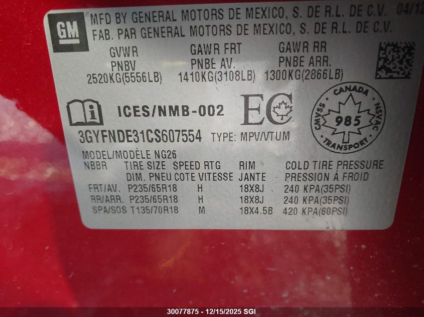 2012 Cadillac Srx Luxury Collection VIN: 3GYFNDE31CS607554 Lot: 30077875