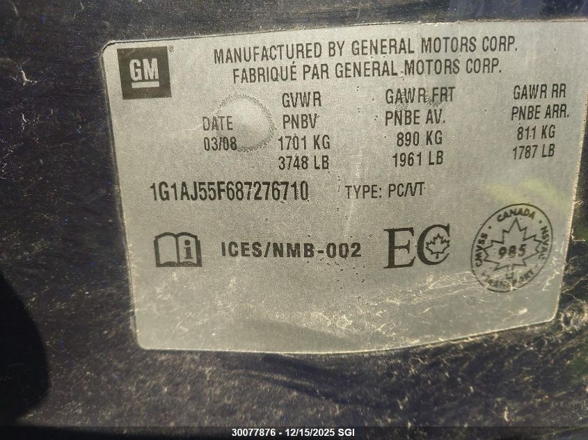 2008 Chevrolet Cobalt Ls VIN: 1G1AJ55F687276710 Lot: 30077876