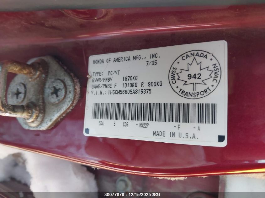 2005 Honda Accord Ex VIN: 1HGCM56605A815375 Lot: 30077878
