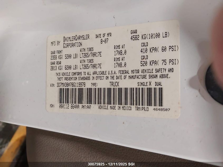 2008 Dodge Ram 3500 St/Slt VIN: 3D7MX38A78G119978 Lot: 30075925