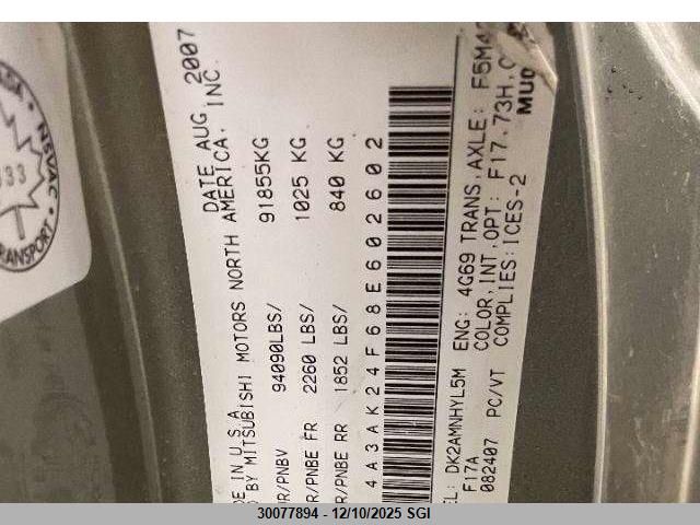 2008 Mitsubishi Eclipse Gs VIN: 4A3AK24F68E602602 Lot: 30077894