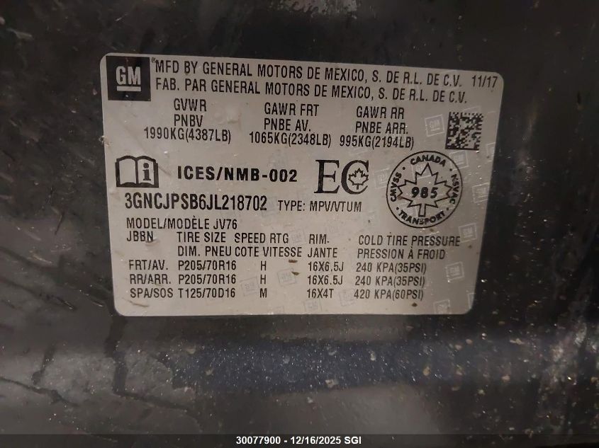 2018 Chevrolet Trax 1Lt VIN: 3GNCJPSB6JL218702 Lot: 30077900