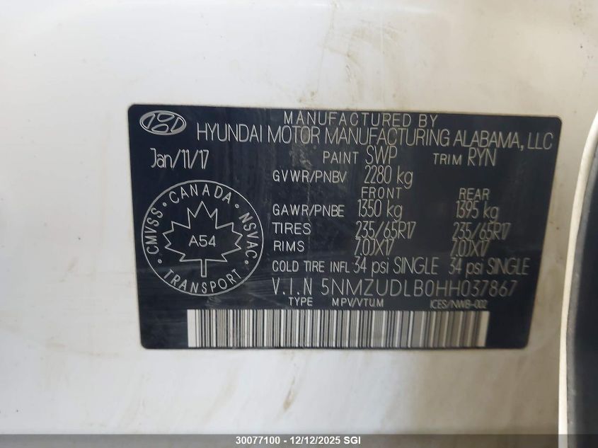 2017 Hyundai Santa Fe Sport VIN: 5NMZUDLB0HH037867 Lot: 30077100