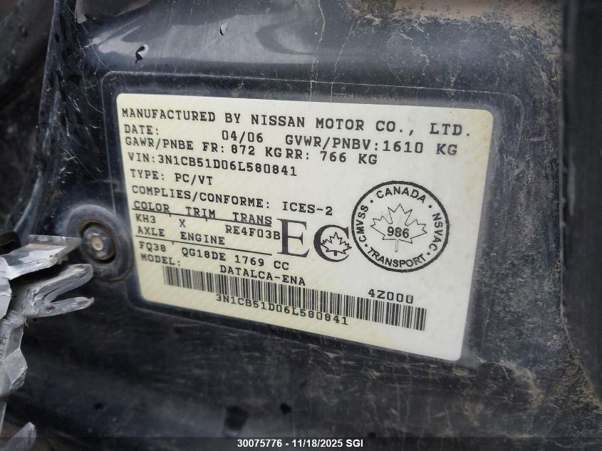 2006 Nissan Sentra 1.8/1.8S VIN: 3N1CB51D06L580841 Lot: 30075776