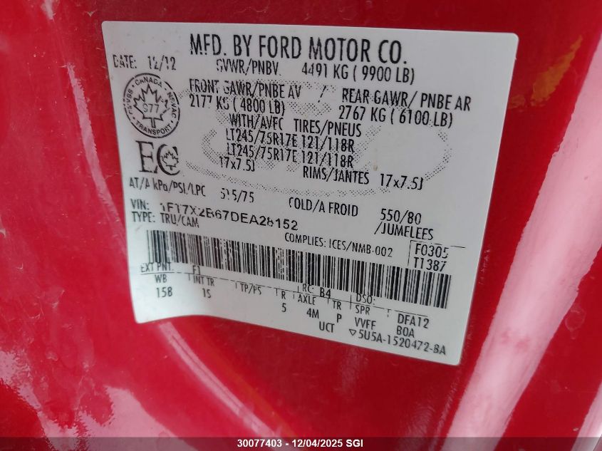 2013 Ford F250 Super Duty VIN: 1FT7X2B67DEA28152 Lot: 30077403