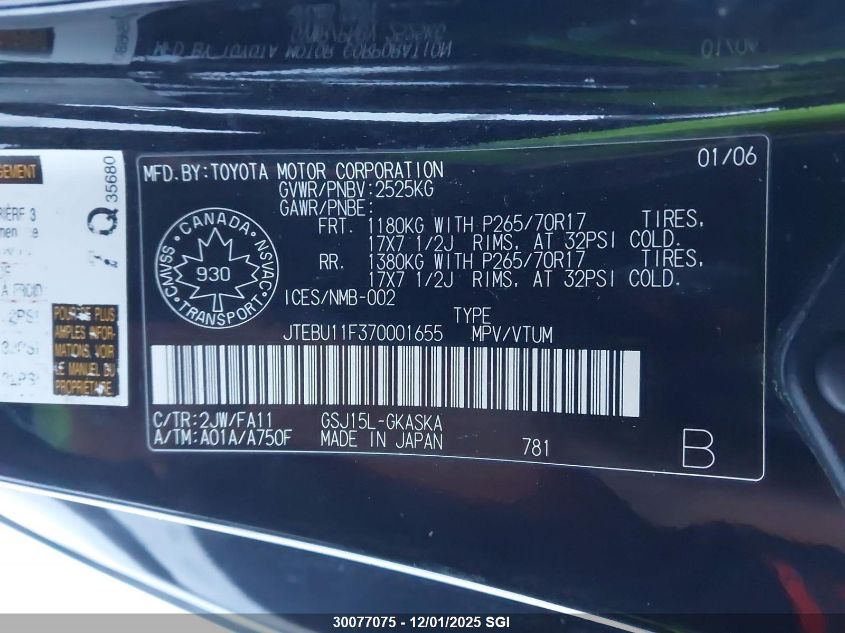 2007 Toyota Fj Cruiser VIN: JTEBU11F370001655 Lot: 30077075