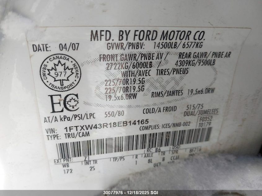 2008 Ford F450 Super Duty VIN: 1FTXW43R18EB14165 Lot: 30077976