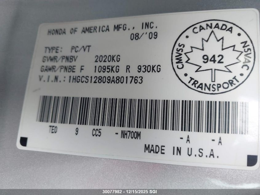2009 Honda Accord Exl VIN: 1HGCS12809A801763 Lot: 30077982