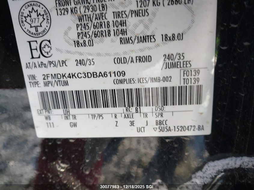 2013 Ford Edge Limited VIN: 2FMDK4KC3DBA61109 Lot: 30077983