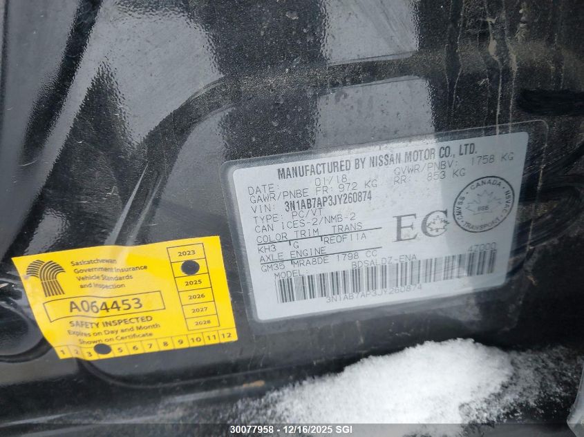 2018 Nissan Sentra S/Sv/Sr/Sl VIN: 3N1AB7AP3JY260874 Lot: 30077958