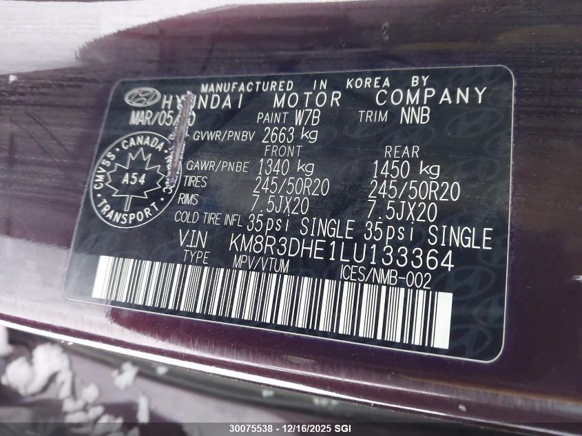 2020 Hyundai Palisade Sel VIN: KM8R3DHE1LU133364 Lot: 30075538