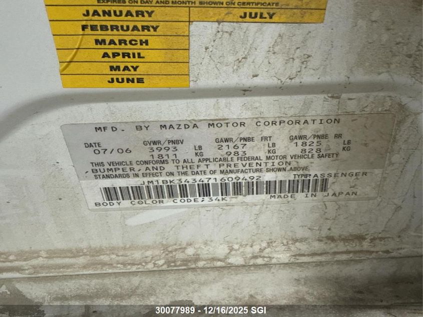 2007 Mazda 3 Hatchback VIN: JM1BK343471609492 Lot: 30077989