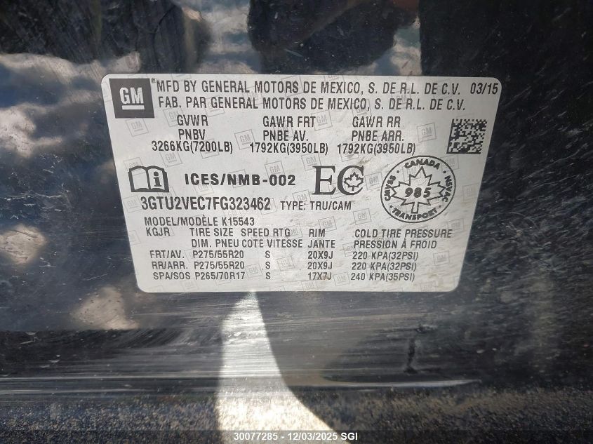 2015 GMC Sierra K1500 Slt VIN: 3GTU2VEC7FG323462 Lot: 30077285