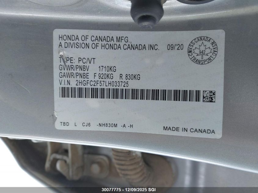 2020 Honda Civic Lx VIN: 2HGFC2F57LH033725 Lot: 30077775