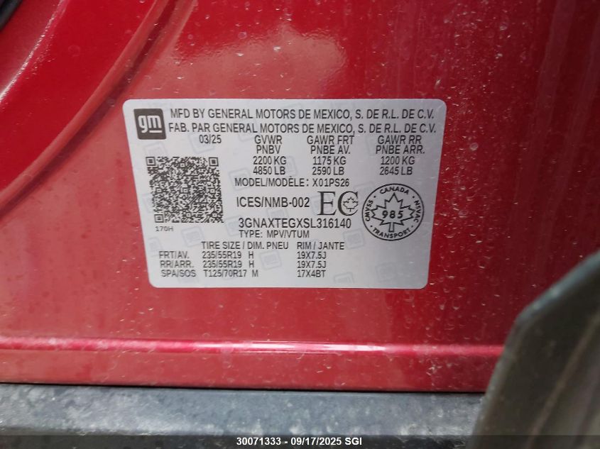 2025 Chevrolet Equinox Rs VIN: 3GNAXTEGXSL316140 Lot: 30071333