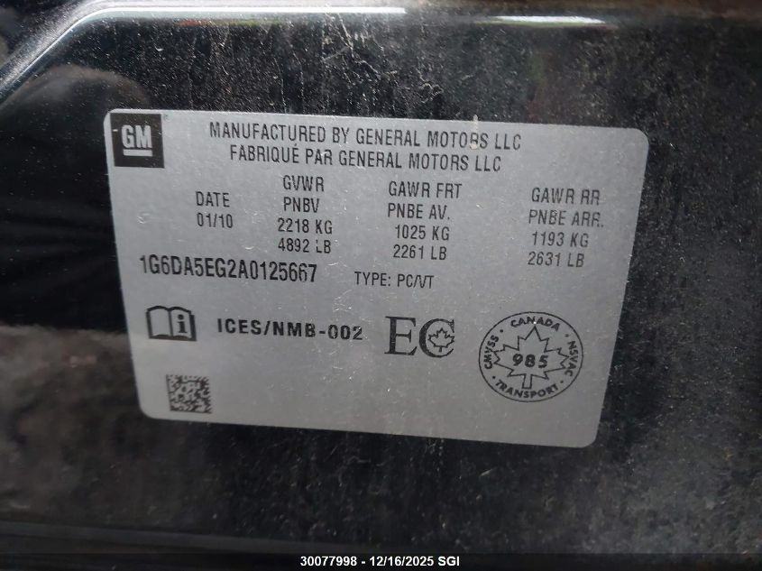 2010 Cadillac Cts VIN: 1G6DA5EG2A0125667 Lot: 30077998