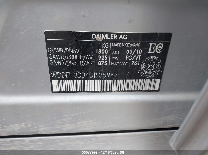 2011 Mercedes-Benz B200 VIN: WDDFH3DB4BJ635967 Lot: 30077999