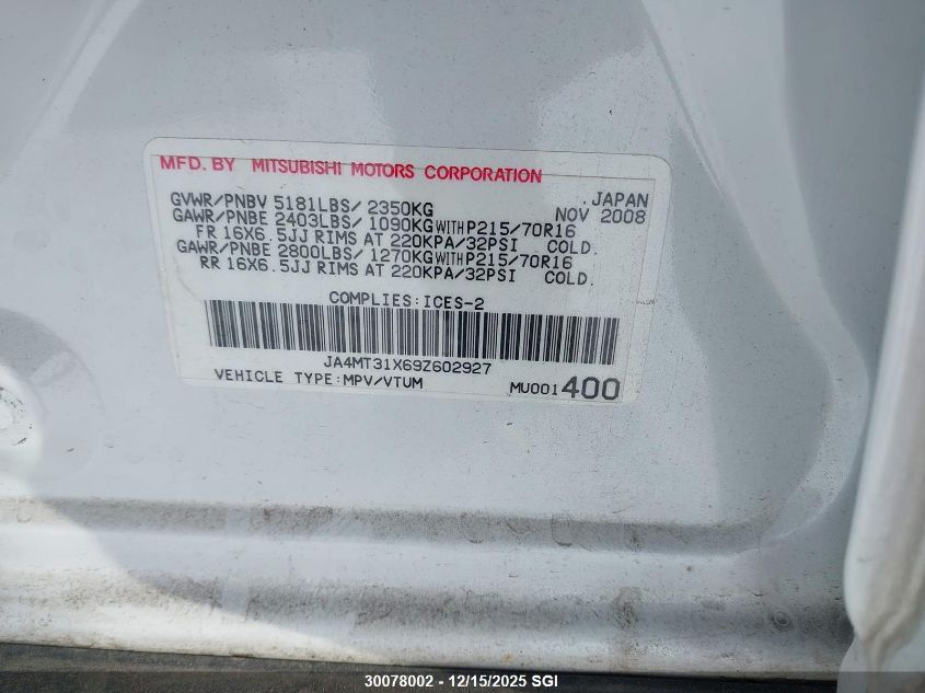 2009 Mitsubishi Outlander Se VIN: JA4MT31X69Z602927 Lot: 30078002