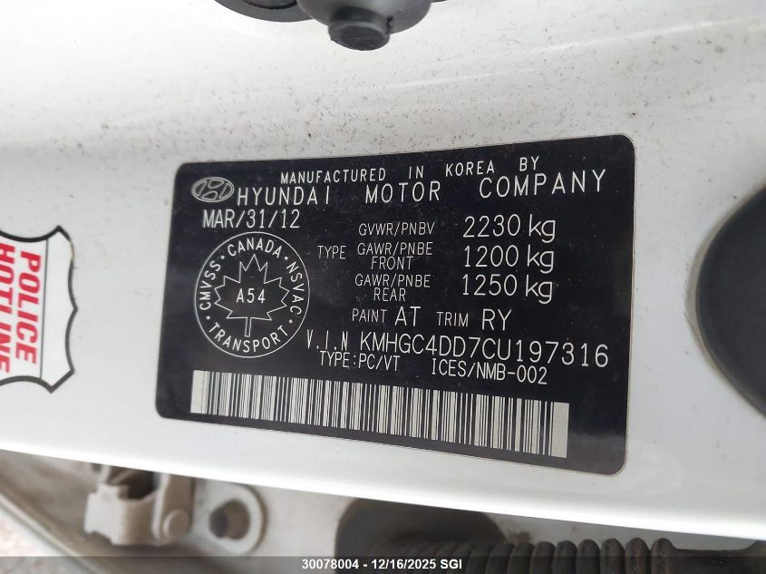 2012 Hyundai Genesis 3.8L VIN: KMHGC4DD7CU197316 Lot: 30078004