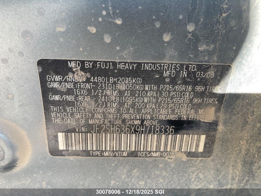 2009 Subaru Forester 2.5X Premium VIN: JF2SH636X9H718336 Lot: 30078006