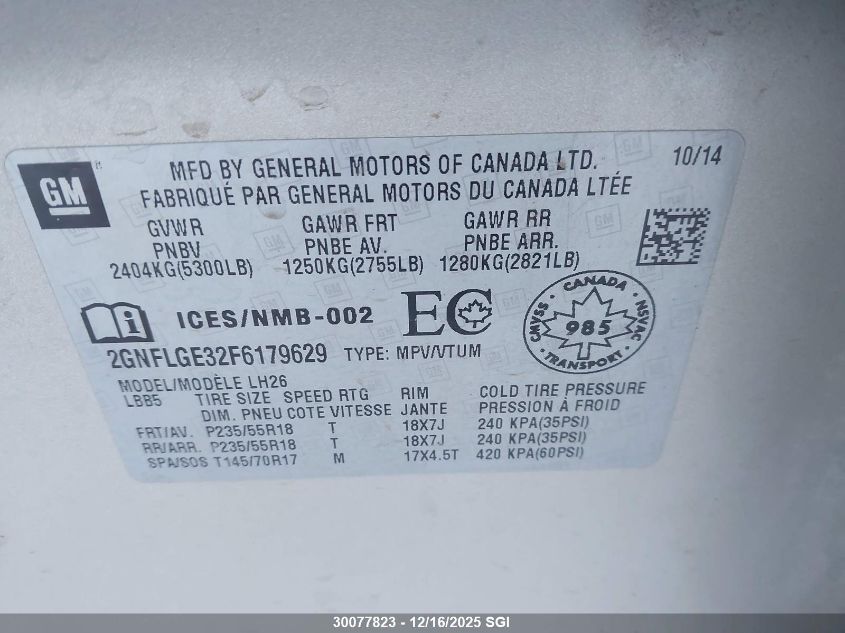 2015 Chevrolet Equinox Lt VIN: 2GNFLGE32F6179629 Lot: 30077823