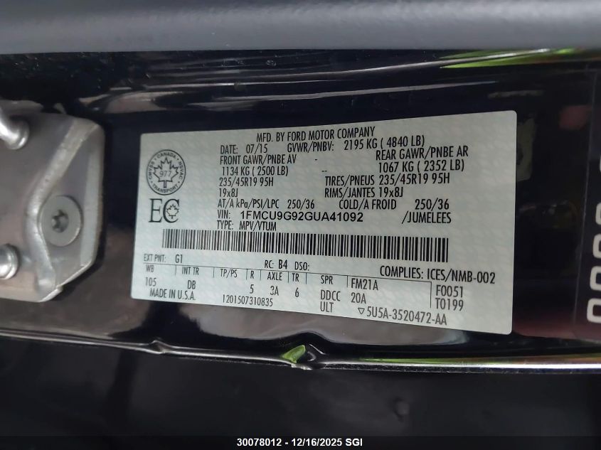 2016 Ford Escape Se VIN: 1FMCU9G92GUA41092 Lot: 30078012