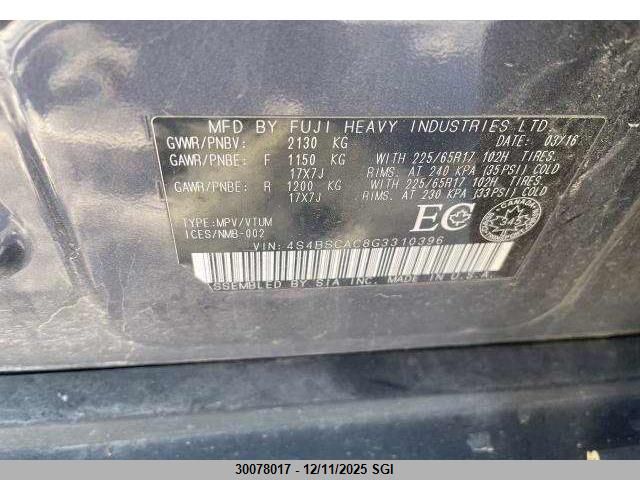 2016 Subaru Outback 2.5I VIN: 4S4BSCAC8G3310396 Lot: 30078017