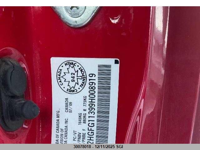 2009 Honda Civic Dx-G VIN: 2HGFG11399H008919 Lot: 30078018