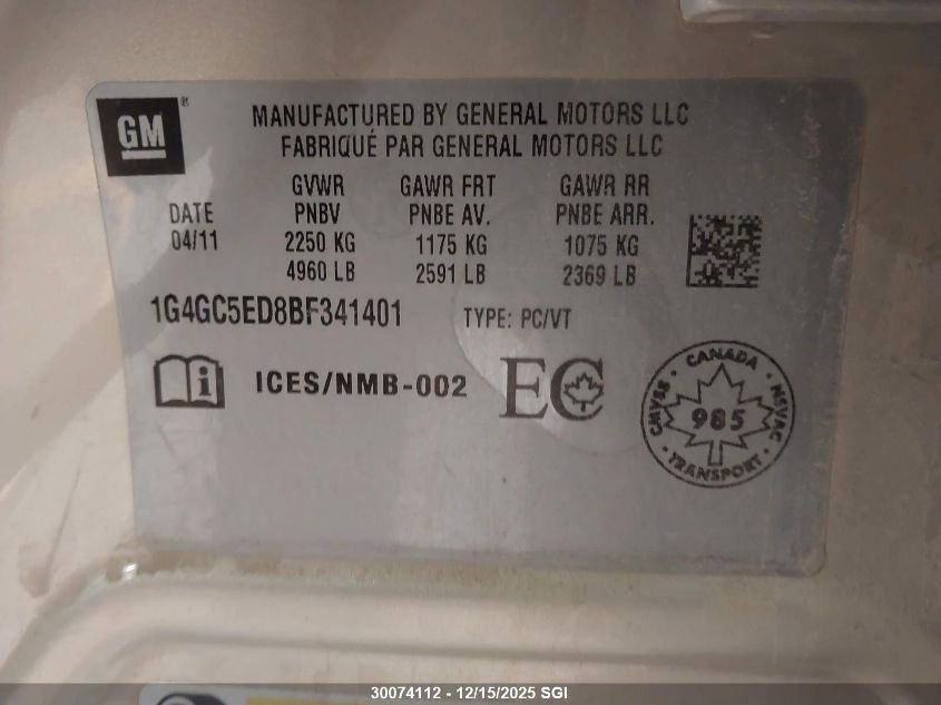 2011 Buick Lacrosse Cxl VIN: 1G4GC5ED8BF341401 Lot: 30074112