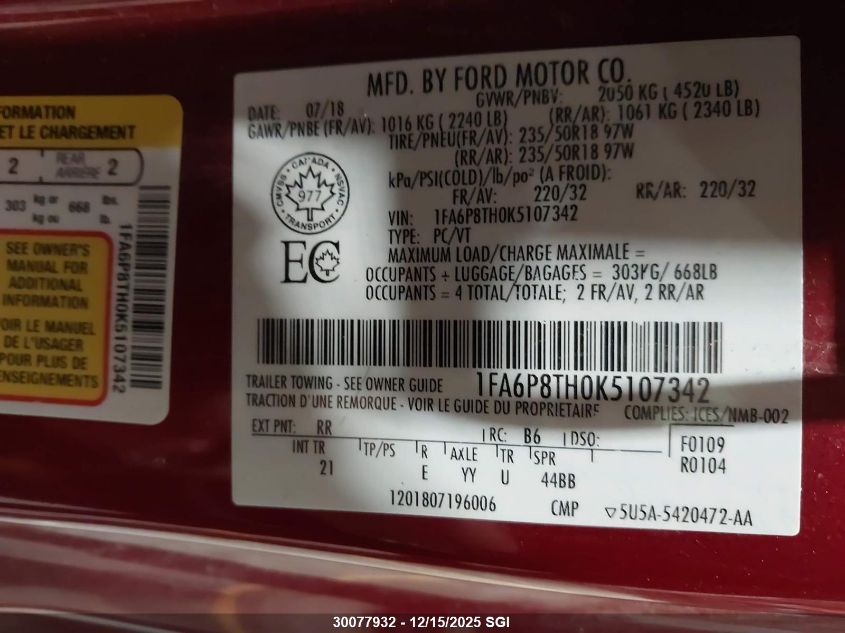 2019 Ford Mustang VIN: 1FA6P8TH0K5107342 Lot: 30077932