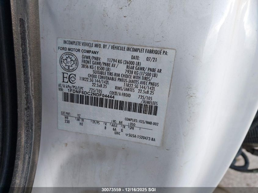 2022 Ford F650 Super Duty VIN: 1FDNF6DC2NDF04444 Lot: 30073559