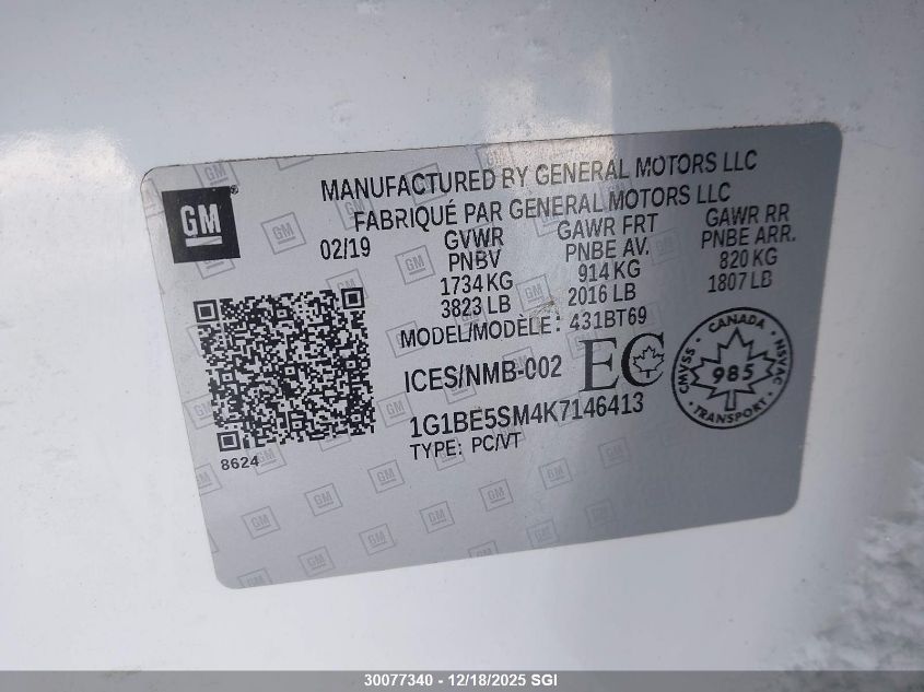 2019 Chevrolet Cruze Lt VIN: 1G1BE5SM4K7146413 Lot: 30077340