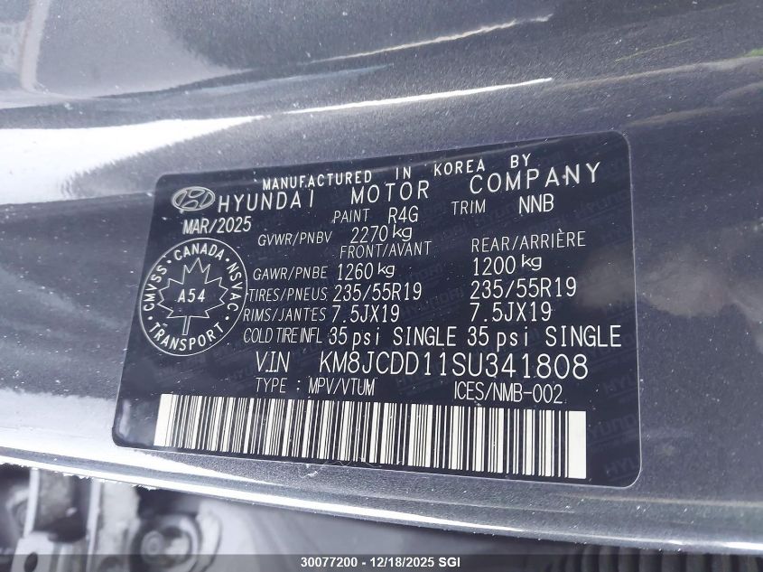 2025 Hyundai Tucson Sel Convenience VIN: KM8JCDD11SU341808 Lot: 30077200