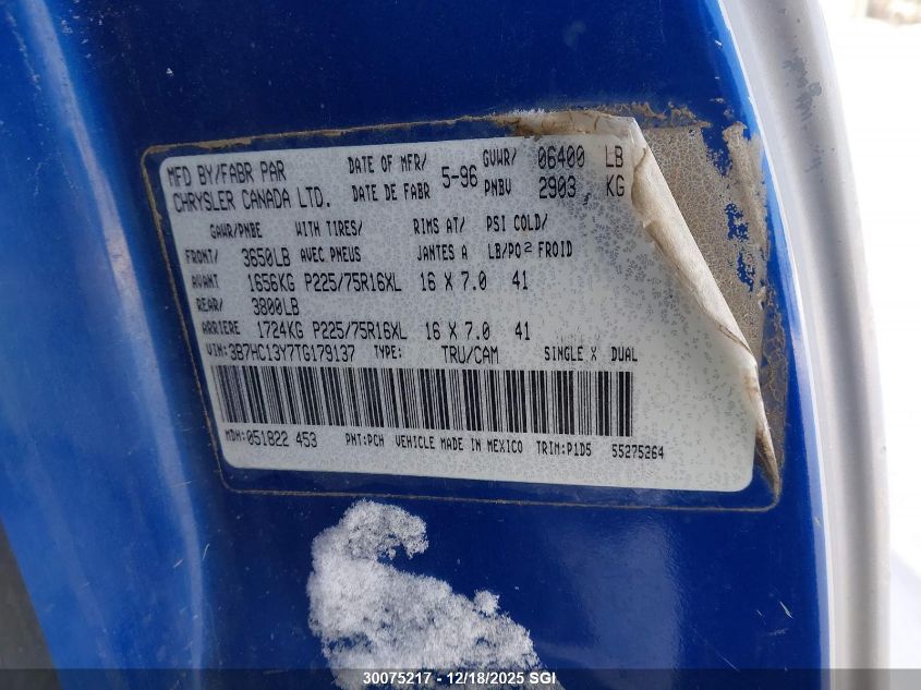 1996 Dodge Ram 1500 VIN: 3B7HC13Y7TG179137 Lot: 30075217