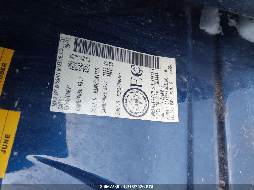 2016 Nissan Titan Xd Sl/Pro-4X/Plat Res/Sv VIN: 1N6AA1F47GN513905 Lot: 30067766