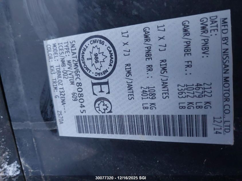 2015 Nissan Rogue S/Sl/Sv VIN: 5N1AT2MV6FC808045 Lot: 30077320