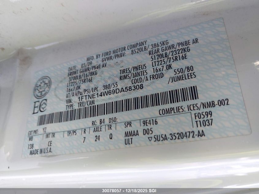 2009 Ford Econoline E150 Van VIN: 1FTNE14W69DA58308 Lot: 30078057