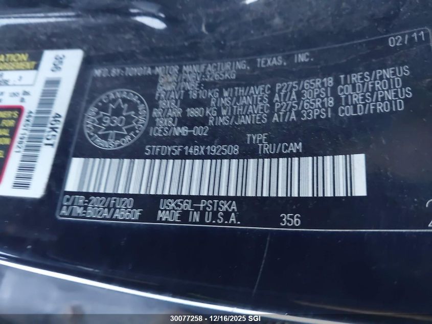 2011 Toyota Tundra Crewmax Sr5 VIN: 5TFDY5F14BX192508 Lot: 30077258