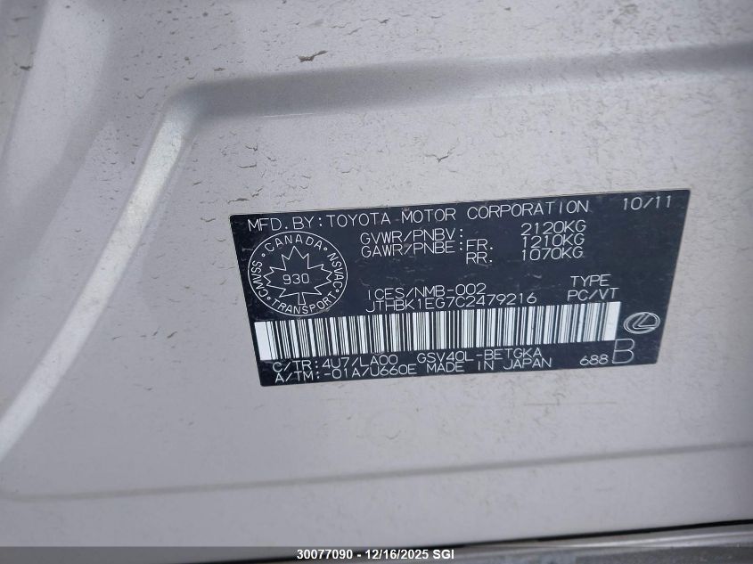 2012 Lexus Es 350 VIN: JTHBK1EG7C2479216 Lot: 30077090