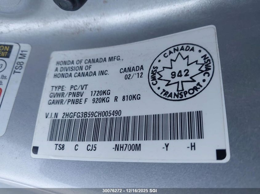 2012 Honda Civic Ex VIN: 2HGFG3B59CH005490 Lot: 30076272