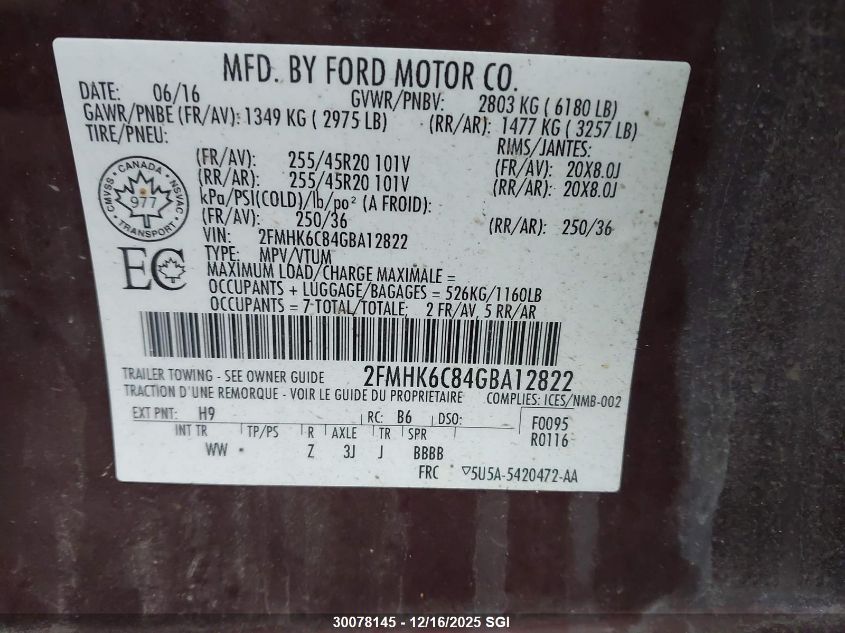 2016 Ford Flex Sel VIN: 2FMHK6C84GBA12822 Lot: 30078145