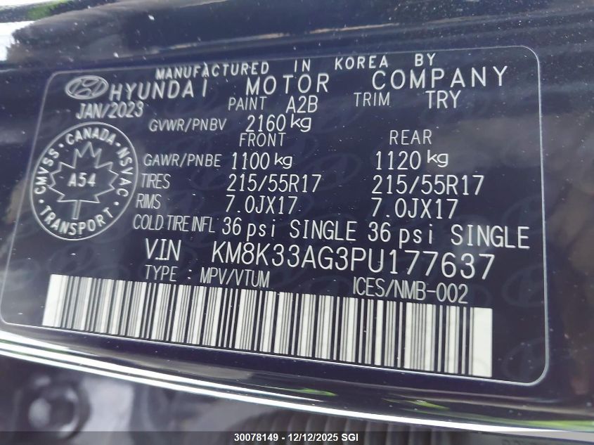 2023 Hyundai Kona Sel VIN: KM8K33AG3PU177637 Lot: 30078149