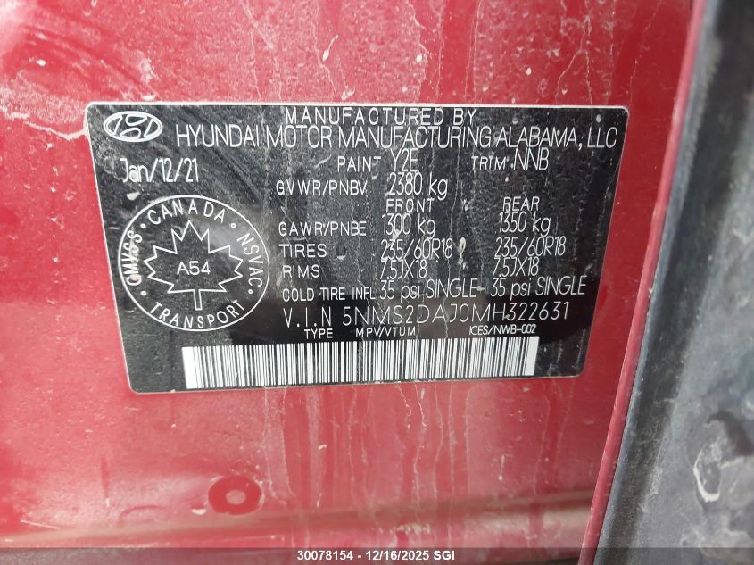 2021 Hyundai Santa Fe Sel VIN: 5NMS2DAJ0MH322631 Lot: 30078154