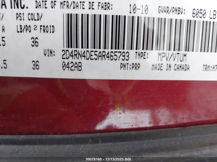 2010 Dodge Grand Caravan Se VIN: 2D4RN4DE5AR465793 Lot: 30078160