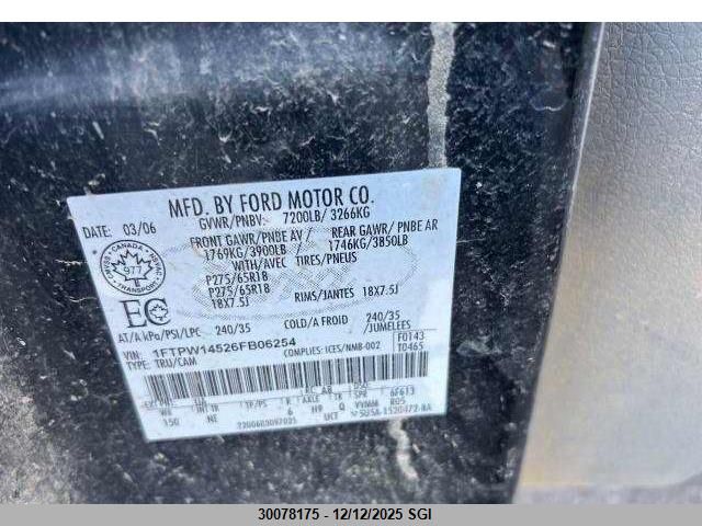 2006 Ford F150 Supercrew VIN: 1FTPW14526FB06254 Lot: 30078175