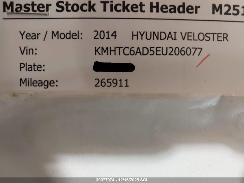 2014 Hyundai Veloster VIN: KMHTC6AD5EU206077 Lot: 30077074
